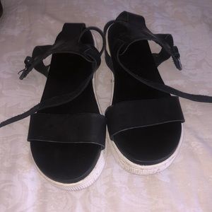Black leather ankle strap platform sandals
